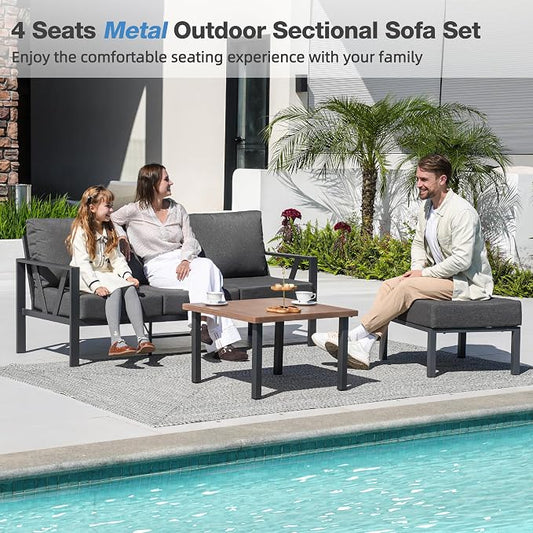 Outdoor Furniture Set, Patio Couch Sectional with Ottoman, 3 Pieces Outdoor Patio Sofa Set Deep Seating with 6" Thick Cushions, Dark Grey