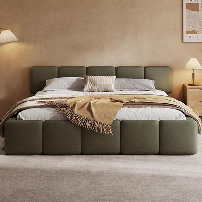 Merax King Size Boucle Platform Bed with Thick Headboard and Footboard, Block Style Upholstery Floor Bed Frame, Green