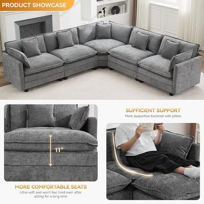 113'' V Shaped Cloud Sectional Sofa, Oversized Deep Seat Couches for Living Room, Chenille Comfy Upholstered Modular Sectional Sofa Couch, Grey
