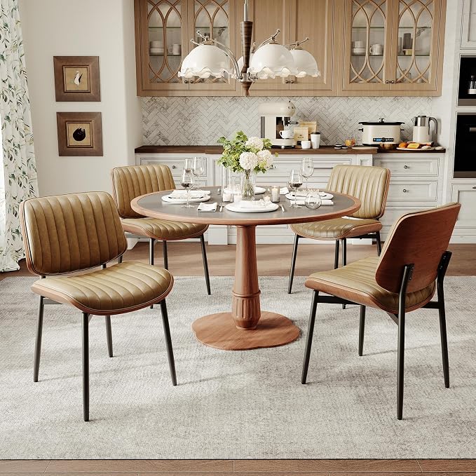 MALOL Leather Dining Chairs Set of 4, Modern Upholstered Dining Room Kitchen Chairs with Metal Legs and Wooden Back Support for Home Dining Room/Restaurant, Light Brown