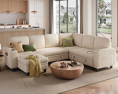 LINSY HOME Sectional Sofa with Pull Out Bed, 6 Seats Corduroy Reversible Sleeper Sofa with Storage Seats & Chaises, USB Ports, Cup Holders, Side Pocket, Sectional Couches for Living Room, Beige