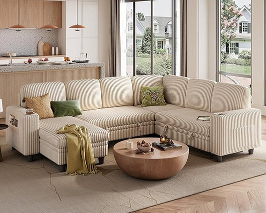 LINSY HOME Sectional Sofa with Pull Out Bed, 6 Seats Corduroy Reversible Sleeper Sofa with Storage Seats & Chaises, USB Ports, Cup Holders, Side Pocket, Sectional Couches for Living Room, Beige