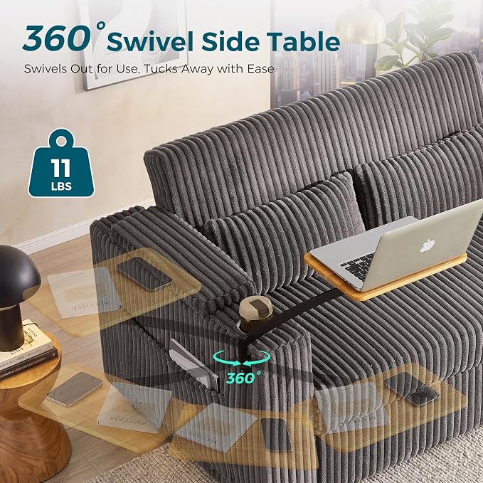 LINSY HOME 3-in-1 Pull Out Sofa Bed, 58" Convertible Sleeper Sofa for Living Room, 360° Swivel Table, Storage Armrests, Charging Station, Cup Holders, 2 Pillows, Corduroy Loveseat Futon Couch, Grey