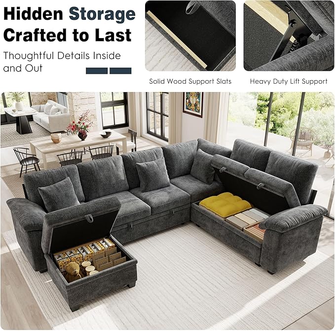 Ihanherry 108" Modular Sectional Sofa with Pull Out Bed, 7-Seater L Shaped Sectional Sleeper Couch with Storage, Chenille Convertible Couches for Living Room, Apartment (Grey)