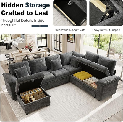 Ihanherry 108" Modular Sectional Sofa with Pull Out Bed, 7-Seater L Shaped Sectional Sleeper Couch with Storage, Chenille Convertible Couches for Living Room, Apartment (Grey)