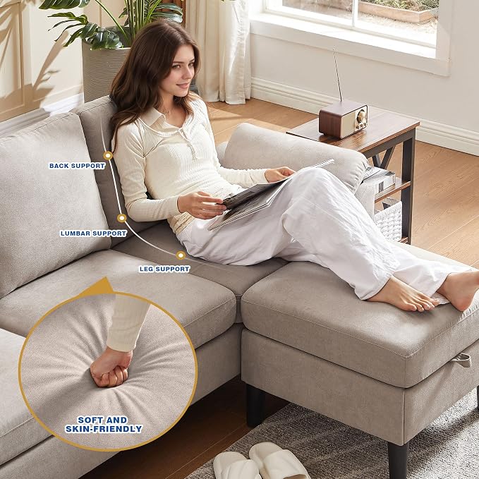 80" Convertible Sectional Sofa, Modern Linen Small L Shaped Couch with Reversible Chaise and Storage Ottoman, 3-Seat Sofa Couches for Living Room, Office, Apartment, Beige