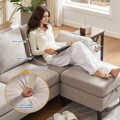 80" Convertible Sectional Sofa, Modern Linen Small L Shaped Couch with Reversible Chaise and Storage Ottoman, 3-Seat Sofa Couches for Living Room, Office, Apartment, Beige