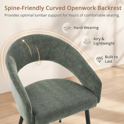 LUE BONA Modern Dining Chairs Set of 4, Upholstered Armrest Side Chairs for Kitchen & Dining Room, 18.5" Seat Height, Comfortable Curved Hollow Backrest, Black Metal Legs, Easy Assembly, Grayish Green