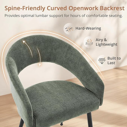 LUE BONA Modern Dining Chairs Set of 6, Upholstered Armrest Side Chairs for Kitchen & Dining Room, 18.5" Seat Height, Comfortable Curved Hollow Backrest, Black Metal Legs, Easy Assembly, Grayish Green