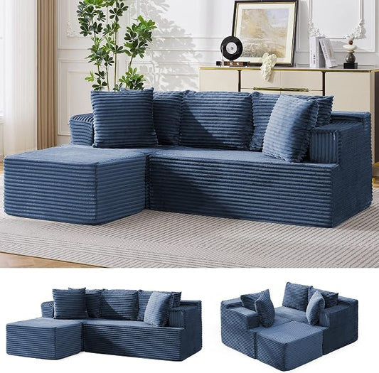 Korser Boneless Couches for Living Room, Cloud Couch Sectional with Ottoman, L-Shaped Sofa with Fluffy Comfy Corduroy Deep Seat, Bedroom, Apartment, No Assembly Required