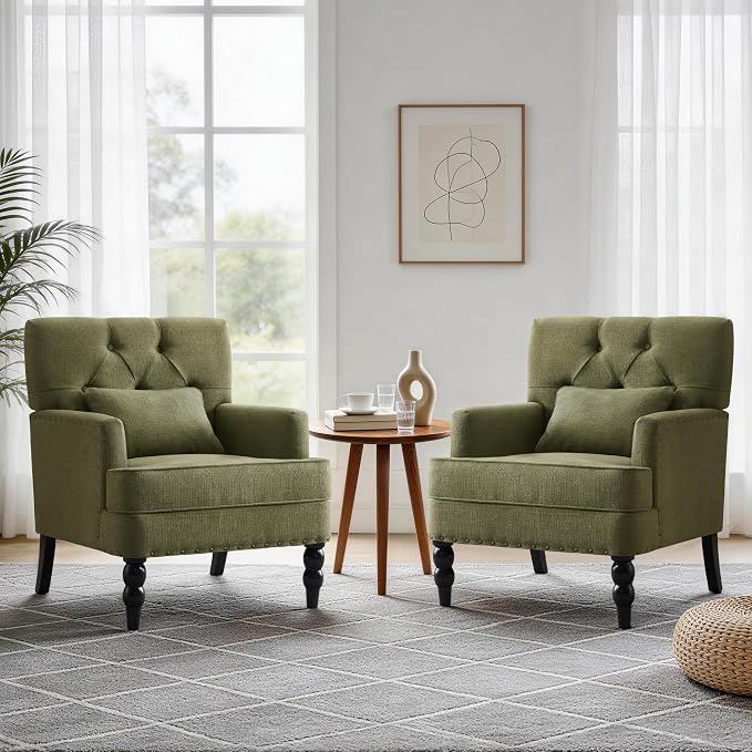HUIMO Set of 2 Accent Chairs for Living Room, Tufted Upholstered Club Chairs with Lumbar Pillows, Vintage Reading Armchairs with Solid Wood Legs for Bedroom Apartment, Olive Green