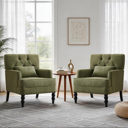 HUIMO Set of 2 Accent Chairs for Living Room, Tufted Upholstered Club Chairs with Lumbar Pillows, Vintage Reading Armchairs with Solid Wood Legs for Bedroom Apartment, Olive Green