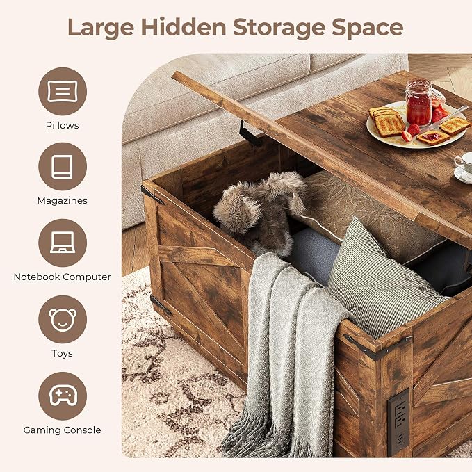Jocoevol Farmhouse Lift Top Coffee Table, Square Wood Center Table with LED Lighting, USB-C Charging Station, and Hidden Storage Compartment - Rustic Brown Living Room Furniture