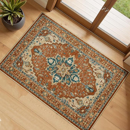 RELEANY Area Rugs Small 2'x4' Washable Non-Slip, Floral Vintage Distress Medallion Carpet for Kitchen Entryway Bathroom, Red Orange Blue Brown