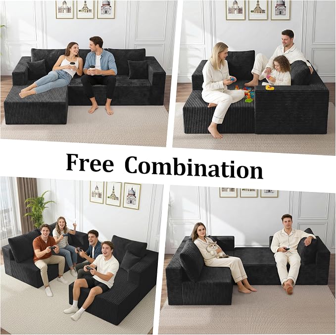 Modular Sectional Sofa, Boneless Compressed Sofa in a Box, L-Shaped Cloud Couch with Deep Seats & Chaise for Living Room, No Assembly Required (Black, 92.5" L-Shape with Left Facing Chiase)