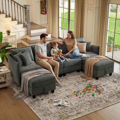WorthFurni 112" Modular Sectional Sofa U Shape Couches with Storage Ottoman and Washable Cushion Cover for Living Room, Bedroom, Apartment(Grey)