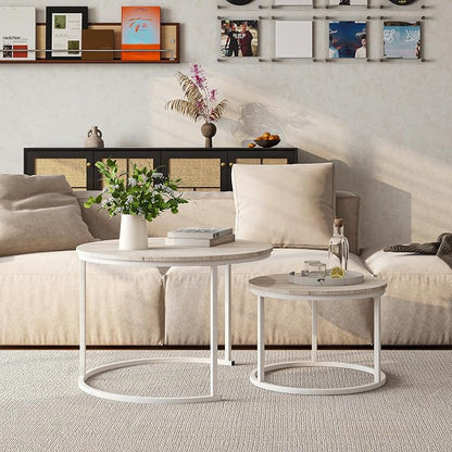 HOJINLINERO Round Coffee Table,Nesting Coffee Table Set of 2,Center Tables for Living Room,Office, Home Small Space,Stacking Side Tables,Sturdy and Easy Assembly,Wood Desktop,Oak+White,Large