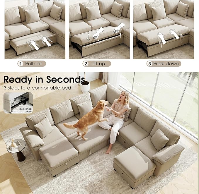 107.8" Oversized Modular Sectional Sofa with Pull Out Bed, 9 Seat U Shaped Sectional Sleeper Sofa with 291L Storage, Convertible Cloud Couch Bed, Sectional Couches for Living Room, Apartment (Sand)