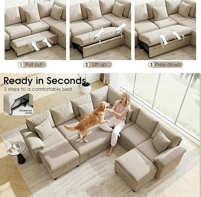 107.8" Oversized Modular Sectional Sofa with Pull Out Bed, 9 Seat U Shaped Sectional Sleeper Sofa with 291L Storage, Convertible Cloud Couch Bed, Sectional Couches for Living Room, Apartment (Sand)