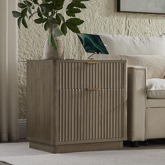 T4TREAM 23'' Fluted Nightstand with Charging Station, Large 2 Drawer Side Table, Modern End Table with Storage, Mid Century Bedside Table for Bedroom, Living Room, Curved Profile, Grey Alder