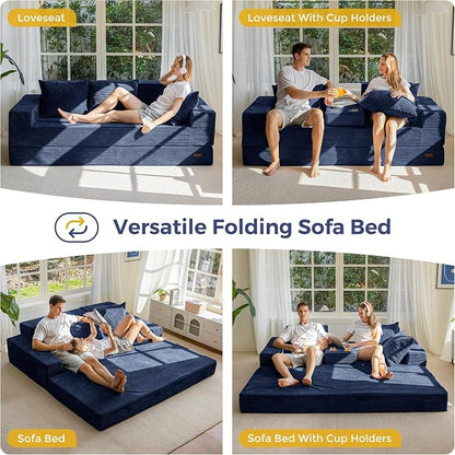 MAXYOYO Convertible Sofa Bed, 80" Oversized Boneless Loveseat Couch 4 in 1 Foldable Floor Sofa Couch in A Box with 2 Cup Holders, Folding Chair for Living Room, No Assembly Required, Navy