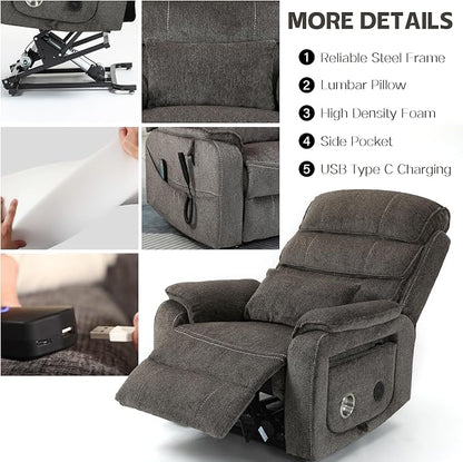 JIKFRIMA Power Lift Recliners Chairs for Elderly Adults Lay Flat Recliner with Heat & Massage, Wireless Charging Device, USB Ports, Cup Holder, Lumbar Pillow, 400Lbs（Chenille Fibric,Grey）