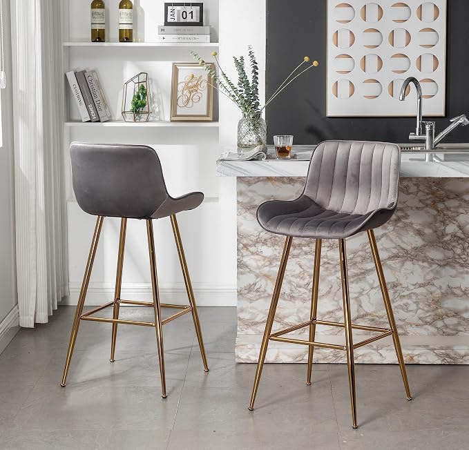 Sidanli Gold Bar Stools Set of 2, 29” Velvet Barstools, Kitchen Chairs for Bar Height with Back and Footrest, Gray