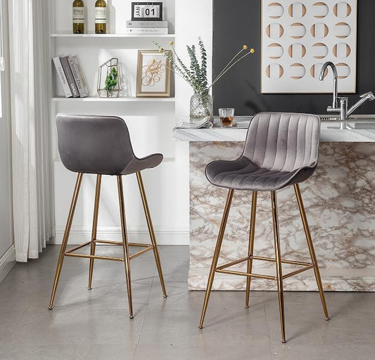 Sidanli Gold Bar Stools Set of 2, 29” Velvet Barstools, Kitchen Chairs for Bar Height with Back and Footrest, Gray