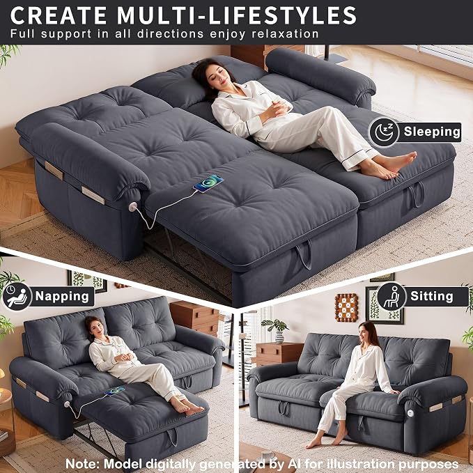 77.2'' Pull Out Couch Full Size, Pre-Assembled Sleeper Sofa Bed, Flannel Convertible Futon Sofa Bed with Adjustable Backrest, USB, Side Pockets, Loveseat for Living Room, Apartment, Dark Grey