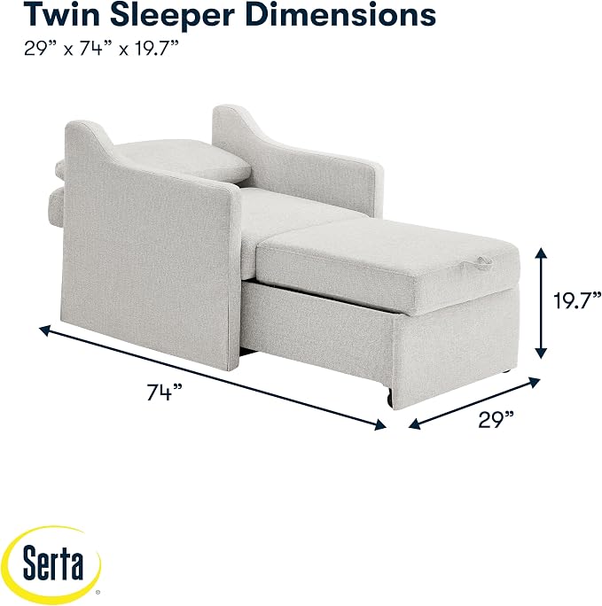 Serta Hawthorne 35" Slipcovered Convertible Accent Chair, Cot Size, Dreamcoil Comfort, Finger Guard Protection, Polyester Tweed Fabric, Linen