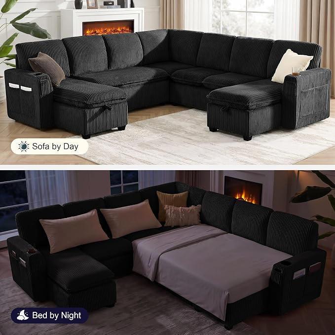 Oversized Sectional Sleeper Sofa with Pull Out Bed, Plush Corduroy 9 Seat Modular Sofa with Storage Chaise and Adjustable Backrest, Cloud Couches for Living Room, Apartment, Black