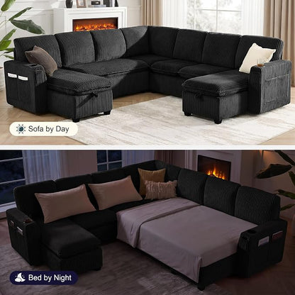 Oversized Sectional Sleeper Sofa with Pull Out Bed, Plush Corduroy 9 Seat Modular Sofa with Storage Chaise and Adjustable Backrest, Cloud Couches for Living Room, Apartment, Black