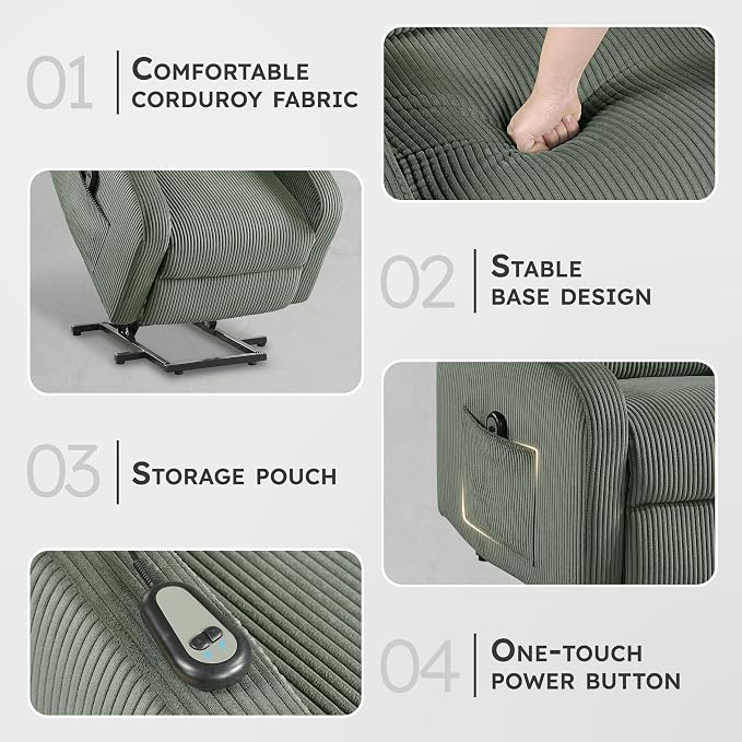 Lexicon Power Lift Recliner Chair for Elderly with Remote Control, Gentle Lift Motion, Side Pocket Armrest, Corduroy Upholstered Electric Recliner for Living Room/Bedroom, Easy Assembly, Green