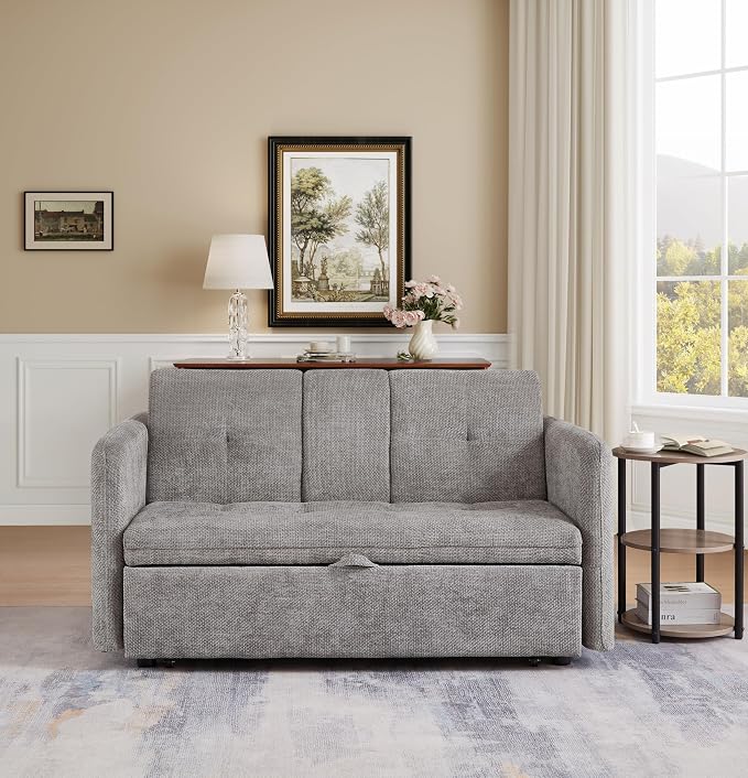 57.48" Convertible Sofa Bed with Cup Holder, Pull Out Sleeper Sofa Bed with USB Charging Ports, 3 in 1 Convertible Sleeper Sofa Bed for Living Room, Apartment, Bedroom, RV, Grey