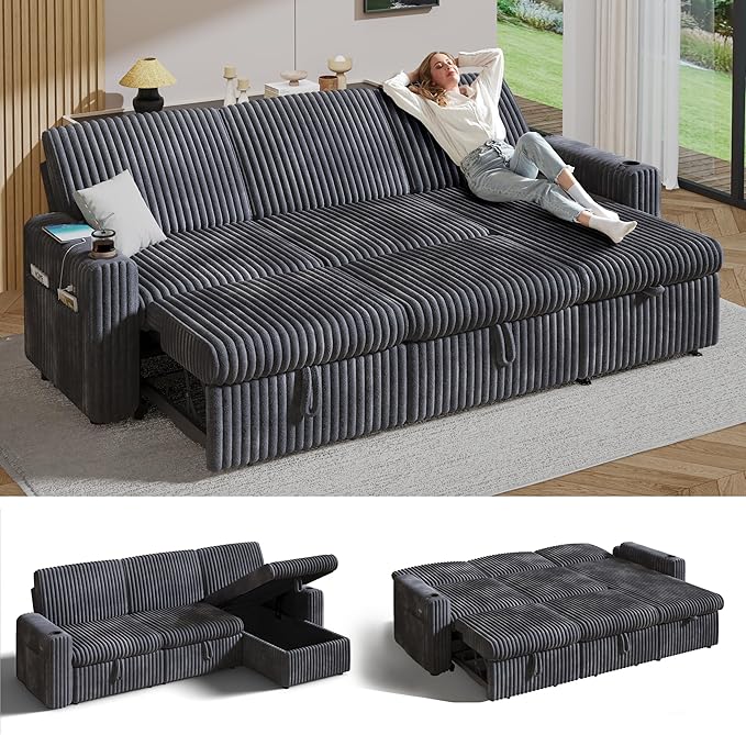 Sunny Heart 101" Plush Corduroy L Shaped Sectional Sleeper Sofa Bed with Pull Out Bed, Reclining Backrest, Reversible Storage Chaise, USB Ports, Cup Holders, Tool Free Assembly, Darke Grey