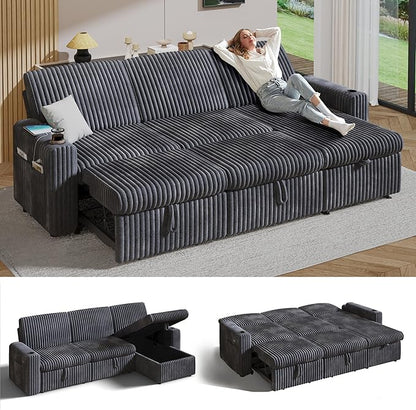 Sunny Heart 101" Plush Corduroy L Shaped Sectional Sleeper Sofa Bed with Pull Out Bed, Reclining Backrest, Reversible Storage Chaise, USB Ports, Cup Holders, Tool Free Assembly, Darke Grey