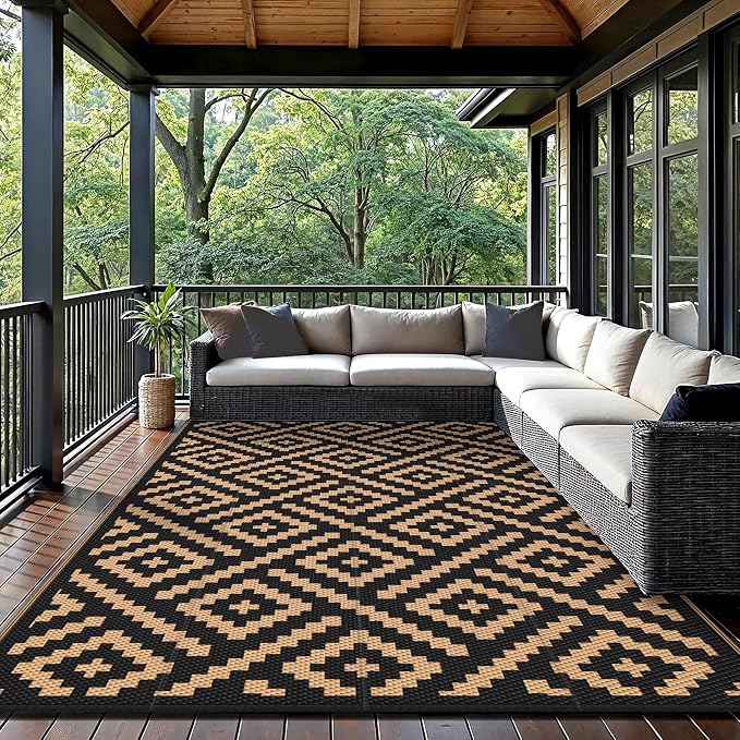 GENIMO 5'x8'Outdoor Rug Waterproof, Reversible Mats, Area Rug, Plastic Outside Carpet, Geometric Rv Mat for Patio Camping Rv Picnic Backyard Deck Balcony Porch Beach Trailer (Black & Brown)