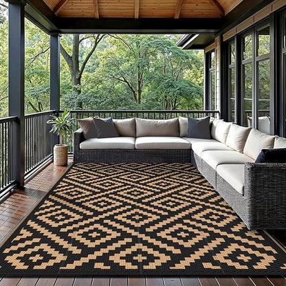 GENIMO 5'x8'Outdoor Rug Waterproof, Reversible Mats, Area Rug, Plastic Outside Carpet, Geometric Rv Mat for Patio Camping Rv Picnic Backyard Deck Balcony Porch Beach Trailer (Black & Brown)