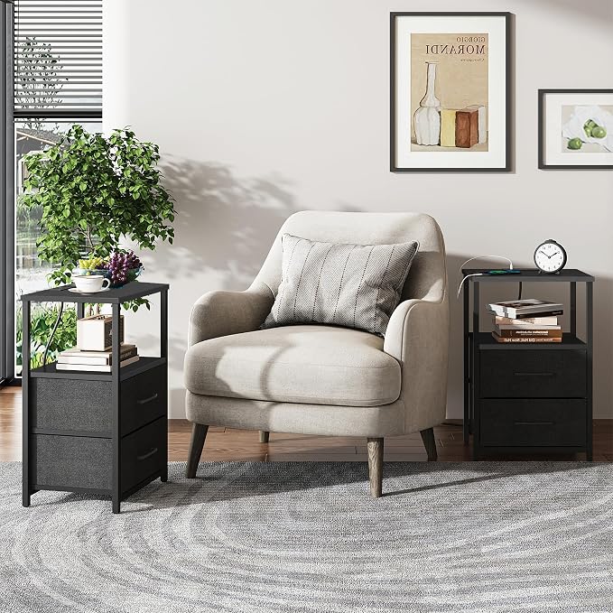 TUTOTAK End Table with Charging Station, Side Table with 2 USB Ports and Outlets, Nightstand with Cloth Drawer, Set of 2, Couch Table, Black TB01BK052