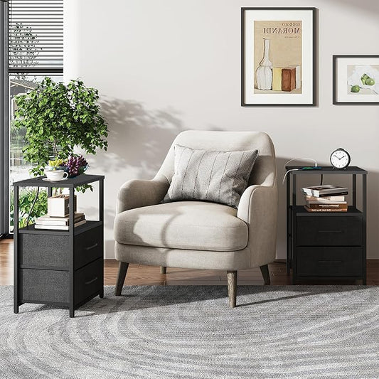 TUTOTAK End Table with Charging Station, Side Table with 2 USB Ports and Outlets, Nightstand with Cloth Drawer, Set of 2, Couch Table, Black TB01BK052