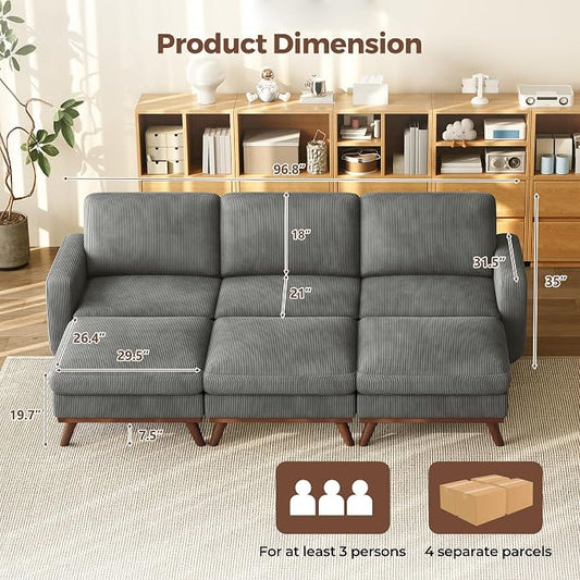 Vesgantti 97" Modular Sectional Sofa Drak Gray, Sectional Couch with Movable Ottoman, Comfy Corduroy Couch with Spring Cushion, Modular Sofa with Deep Seat for Living Room, Bedroom and Apartment