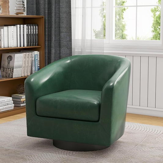 360° Swivel Barrel Accent Chair Armchair, Faux Leather Modern Round Club Arm Chair Upholstered Single Sofa Seating Corner Nook Side Reading Seat for Living Room, Office, Bedroom - Green