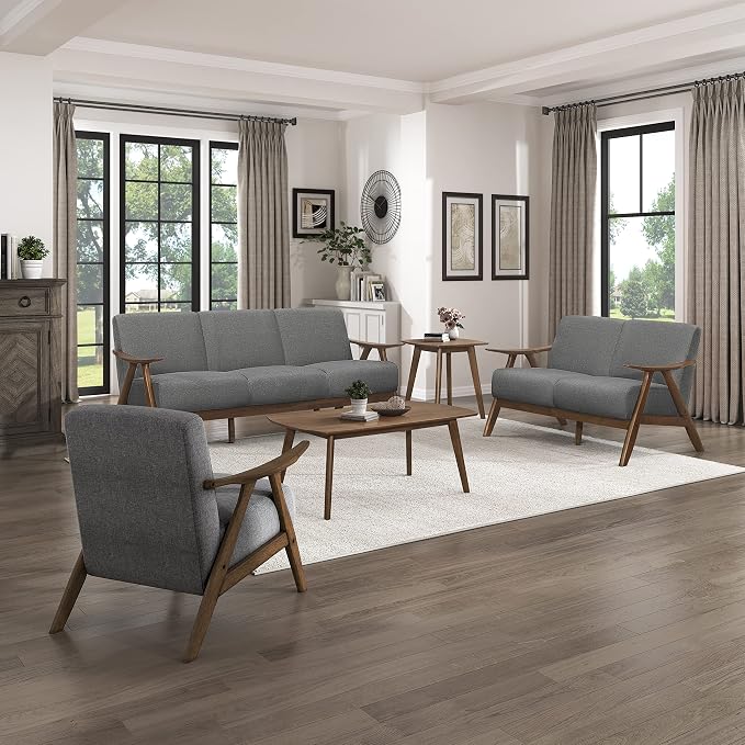 Lexicon Mid Century Modern Accent Chair with Solid Wood Frame in Walnut Finish, Upholstered Living Room Lounge Arm Chair, Thick and Comfy Innerspring Seat Cushion, Linen-Look Fabric, Gray