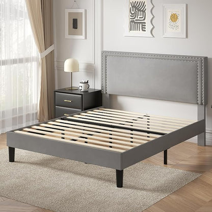 VECELO Full Size Platform Bed Frame with Height Adjustable Upholstered Headboard, Modern Mattress Foundation,Strong Wood Slat Support, No Box Spring Needed, Easy Assembly,Light Grey