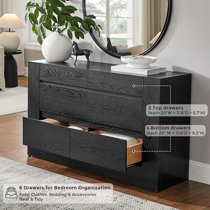 OKD 6 Drawer Dresser for Bedroom, 54" Wide Chest of Drawers with Thick Wood Design, Handleless, Modern Bedroom Dresser, Storage Organizer for Living Room/Entryway/Hallway, Black Oak