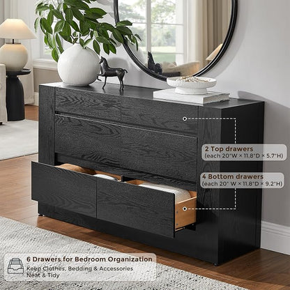 OKD 6 Drawer Dresser for Bedroom, 54" Wide Chest of Drawers with Thick Wood Design, Handleless, Modern Bedroom Dresser, Storage Organizer for Living Room/Entryway/Hallway, Black Oak