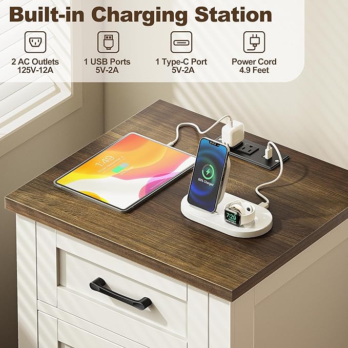 Decofy Farmhouse Nightstand with Charging Station, Set of 2 Modern End Tables with Large Storage and One Drawers, Outlets, USB Ports & Type-C Ports, Easy Assembly for Bedroom (Pure White + Walnut)