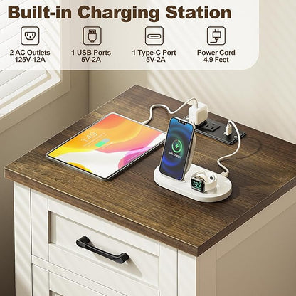 Decofy Farmhouse Nightstand with Charging Station, Set of 2 Modern End Tables with Large Storage and One Drawers, Outlets, USB Ports & Type-C Ports, Easy Assembly for Bedroom (Pure White + Walnut)