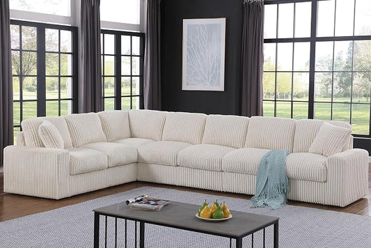 Ball & Cast 146" Oversized Modular L-Shaped Sectional Couch,Large Corduroy Upholstered Sofa 8 Seat with Movable Ottoman & 2 Pillows,Comfty Sectionals W/Wide Armrest & Deep Seat,for Living Room,Beige
