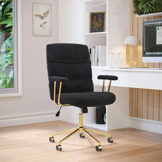 Techni Mobili Boucle Office Chair, Adjustable Desk Chair, Black & Gold | Black boucle office chair, gold base, padded seat, height adjustable, modern desk chair, textured fabric, swivel, ergonomic